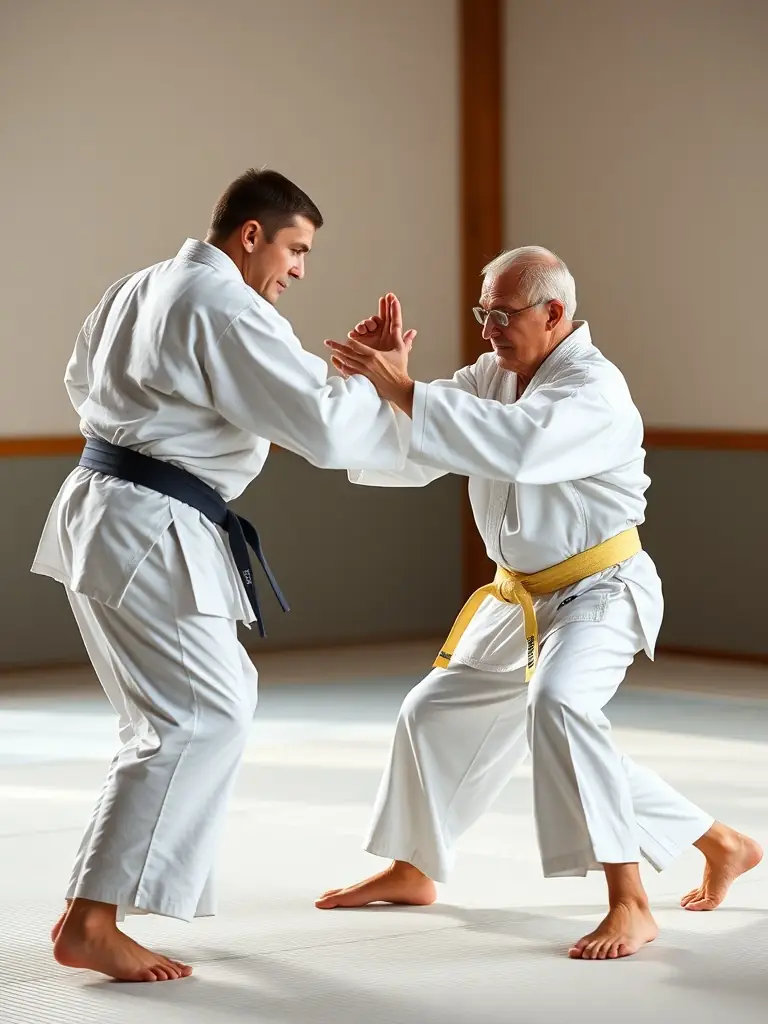 Adults in judo uniforms engaged in randori (sparring) during an advanced training session.