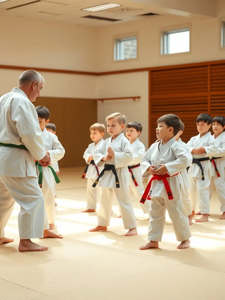 A group of young children in judo uniforms practicing basic stances and movements under the supervision of an instructor in a well-lit dojo.