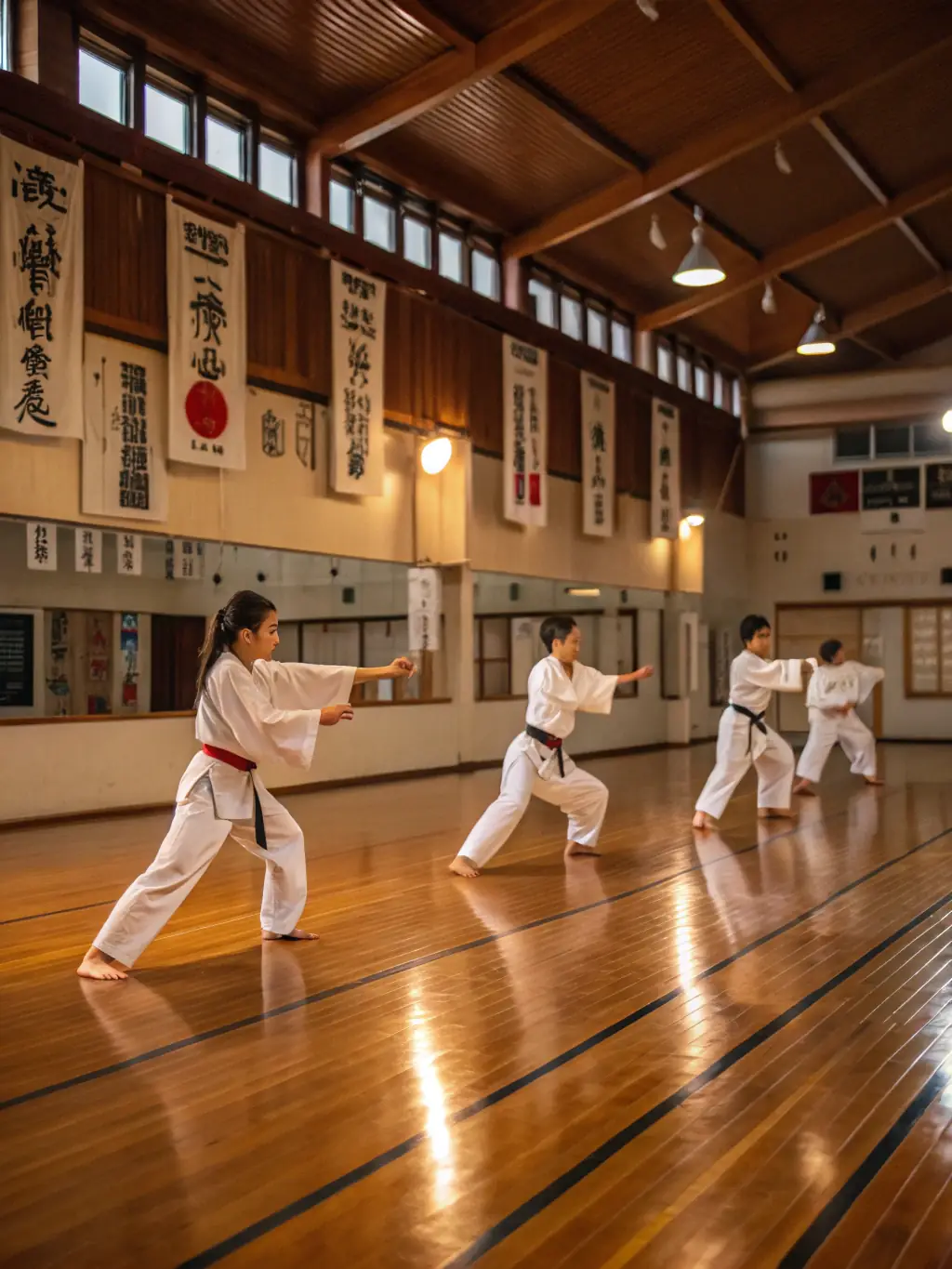 A diverse group of judo practitioners participating in a kata demonstration during a club event.