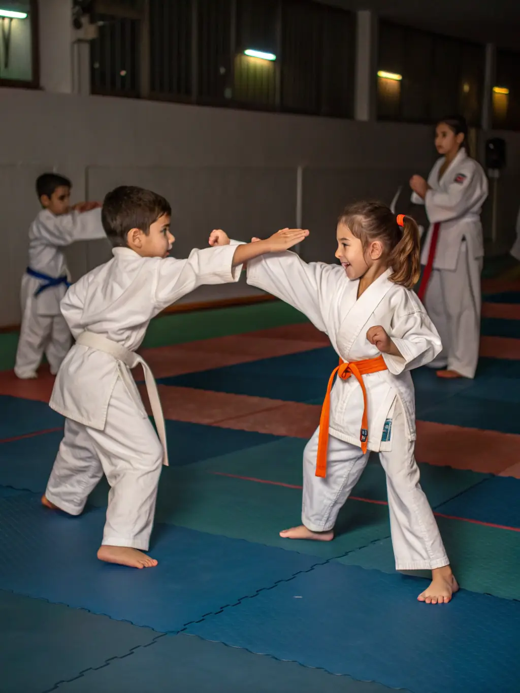 A group of young children in white judogi practicing basic judo stances under the guidance of an instructor in a bright dojo.