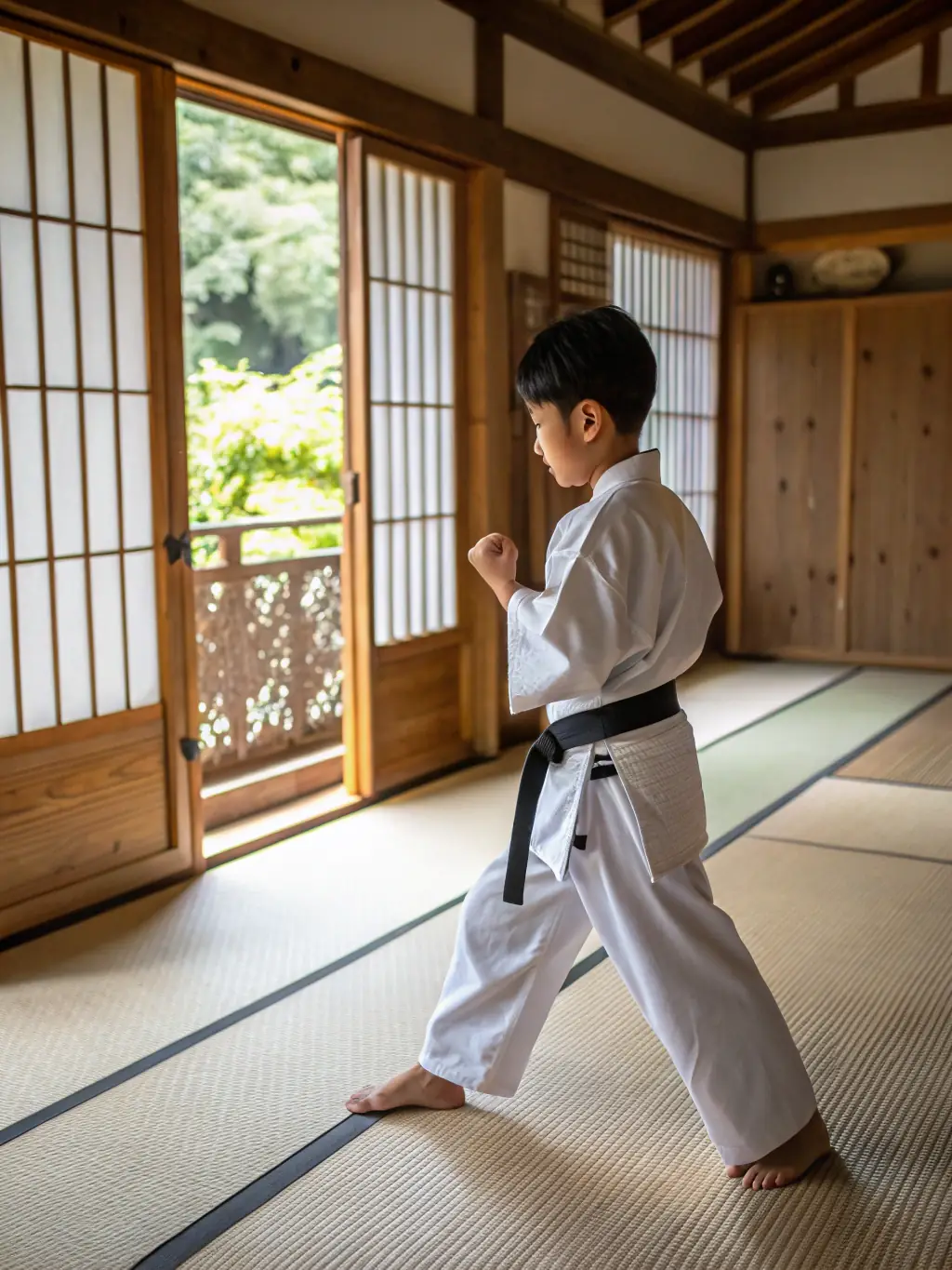 A young child in a judo gi, focused and determined, executing a basic judo stance under the watchful eye of a senior instructor. The background shows other children practicing in a safe, matted area.