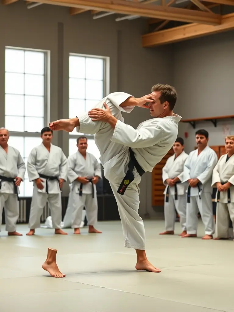 An adult confidently demonstrating a judo throw on a training dummy. The dojo is modern and well-equipped, with supportive instructors nearby.