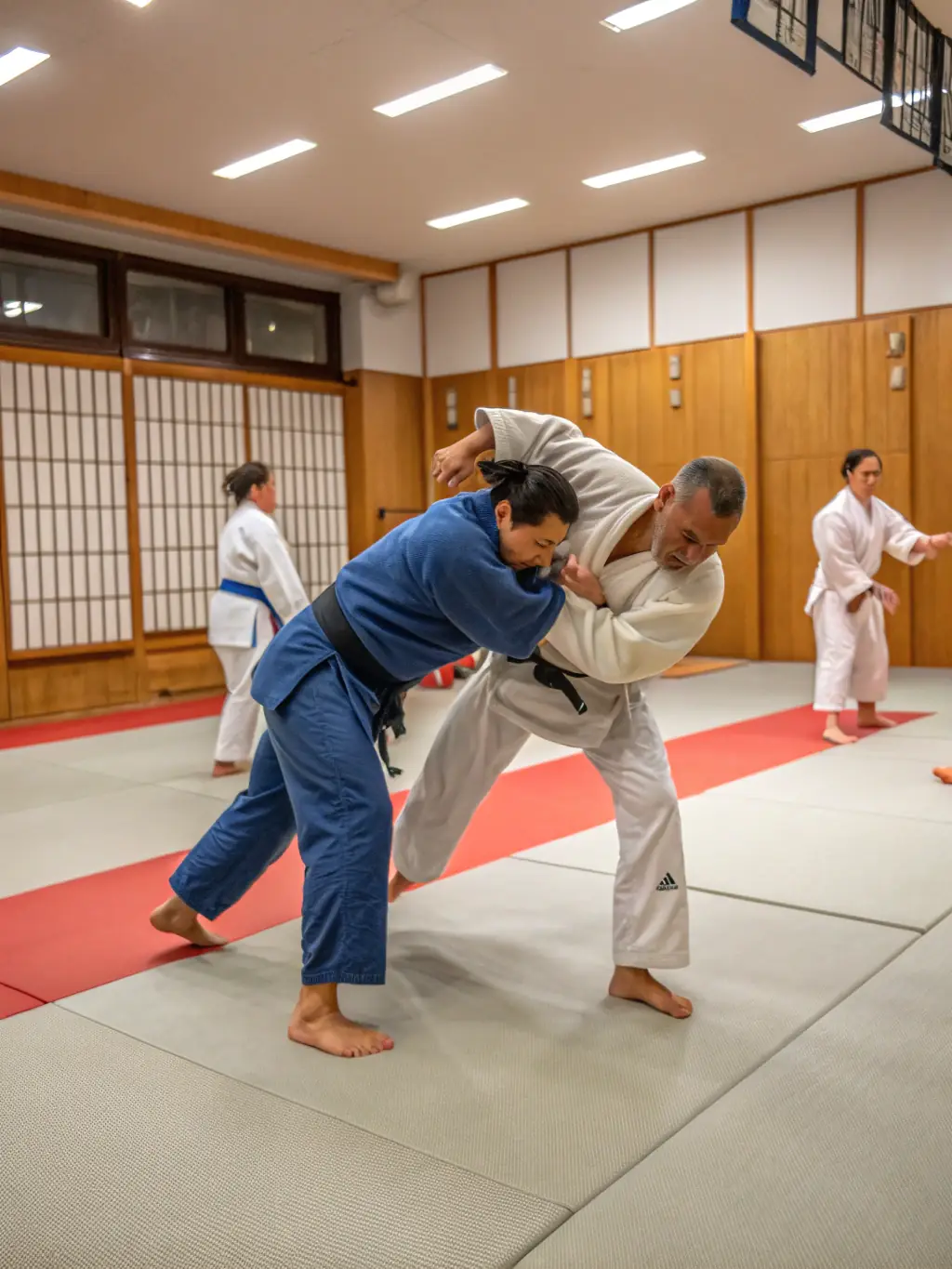 Adults in judogi practicing a throwing technique (nage-waza) with focused concentration in a traditional dojo setting.