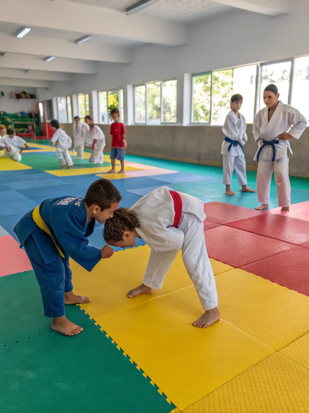 Teenagers practicing a judo throw technique under the guidance of a sensei in a dojo setting.