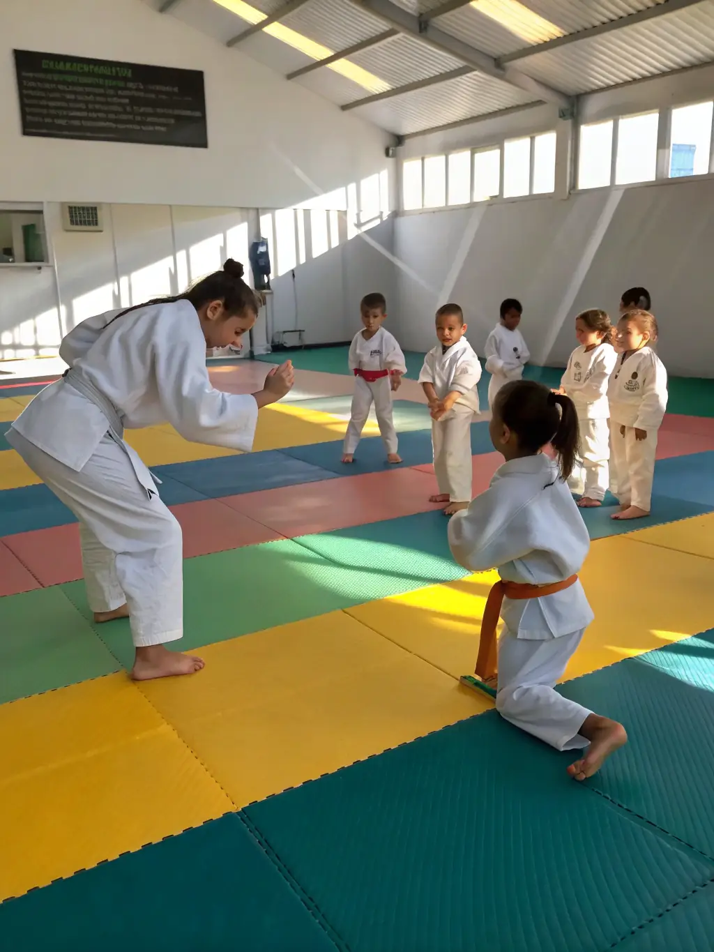 A group of diverse judo students, ranging in age and skill level, laughing and supporting each other after a training session. The atmosphere is friendly and inclusive.