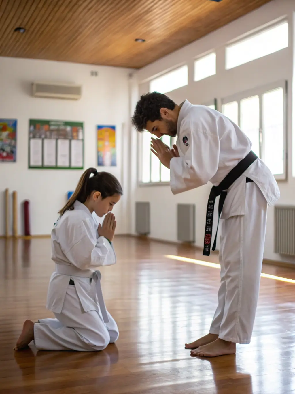 A teenager bowing respectfully to their opponent before a judo match. The setting is a clean, well-lit dojo with spectators in the background.