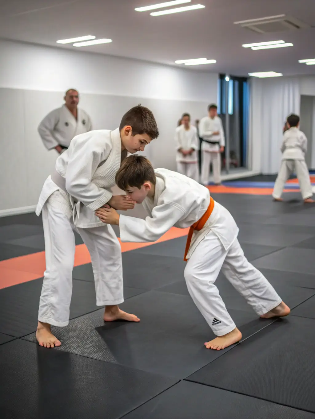 Teenagers in judo uniforms engaged in a randori (sparring) session, demonstrating agility and technique under supervision.