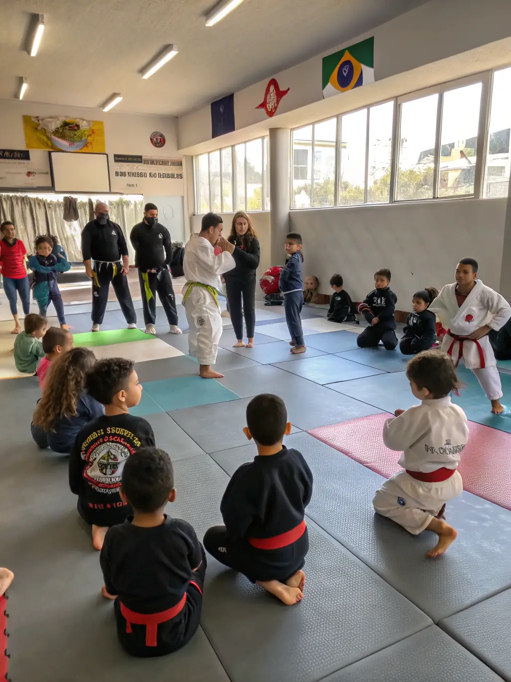 A diverse group of judokas participating in a judo seminar, learning new techniques from a guest instructor.